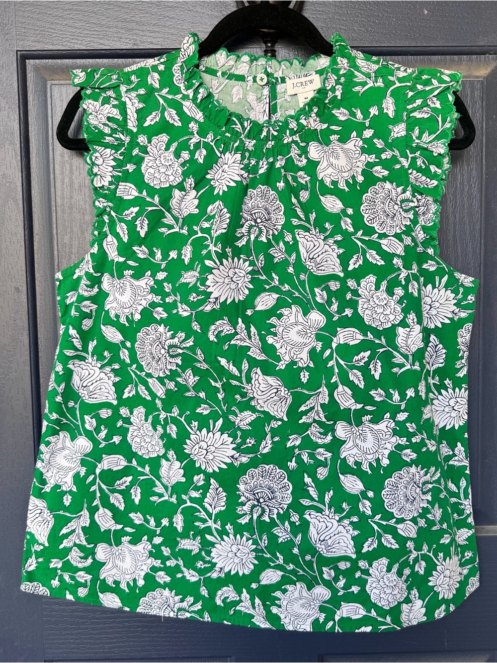 J. Crew Women's Green and White Floral Ruffle Sleeve Dress